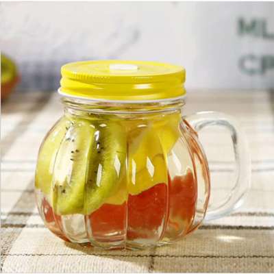 Wholesale empty pumpkin shaped 400ml glass drinking mason jar with handle