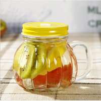 Wholesale empty pumpkin shaped 400ml glass drinking mason jar with handle