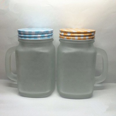 Wholesale 480ml 16oz frosted milk drinking glass mason jars with handle and lid