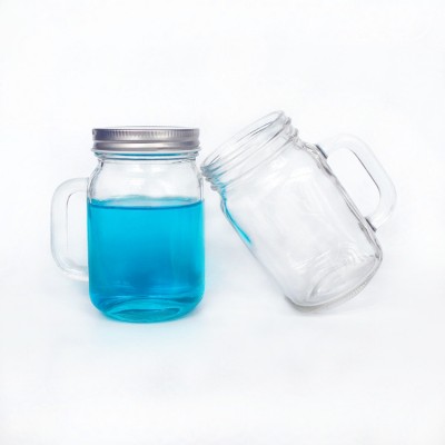 250ml clear square glass storage mason jar for drinking with handle and lid